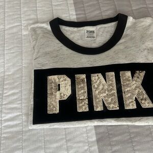 Victoria's Secret PINK Sequin Logo Long Sleeve Shirt size L/white and grey color